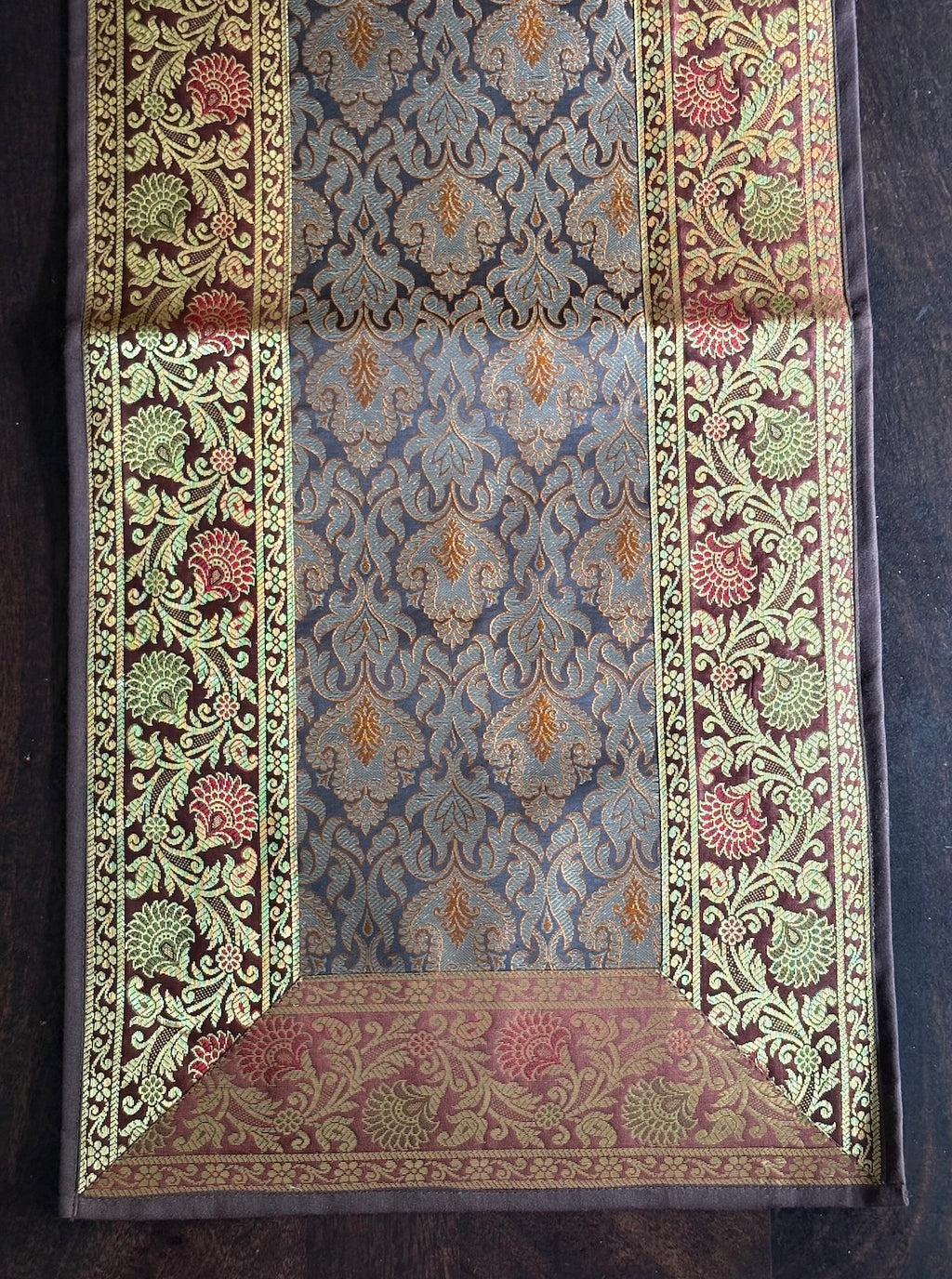 Heritage Banarasi Motif Traditional Festive Coffee Brown Table Runner 14"x60"