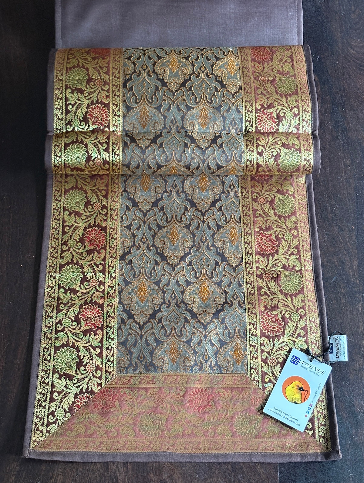 Heritage Banarasi Motif Traditional Festive Coffee Brown Table Runner 14"x60"