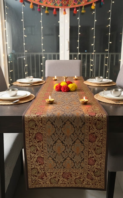 Heritage Banarasi Motif Traditional Festive Coffee Brown Table Runner 14"x60"