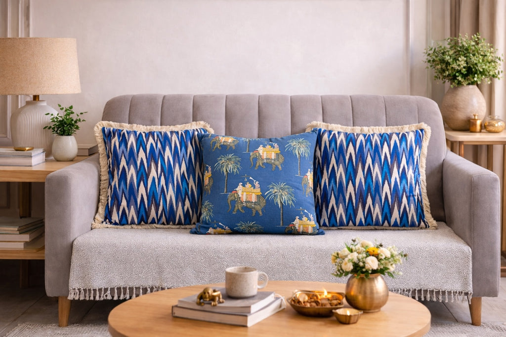 Heritage Ikat Elephant Printed Boho Cotton Cushion Cover Blue Set of 3 16 x 16 inch