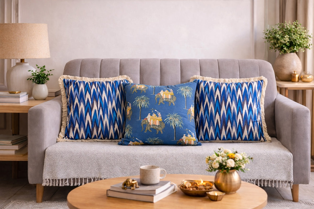 Heritage Ikat Elephant Printed Boho Cotton Cushion Cover Blue Set of 3 16 x 16 inch