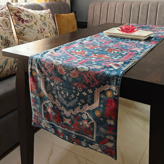 Decorative Carpet Design Printed Bright Blue Velvet Table Runner 6 Seater Size 14"x72"