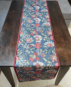 Decorative Floral Blossom Printed Denim Blue Velvet Table Runner 6 Seater Size 14" x 72"