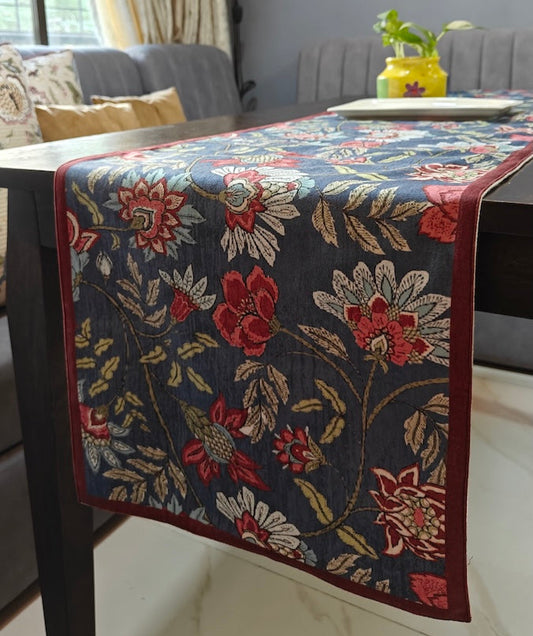 Decorative Floral Blossom Printed Denim Blue Velvet Table Runner 6 Seater Size 14" x 72"