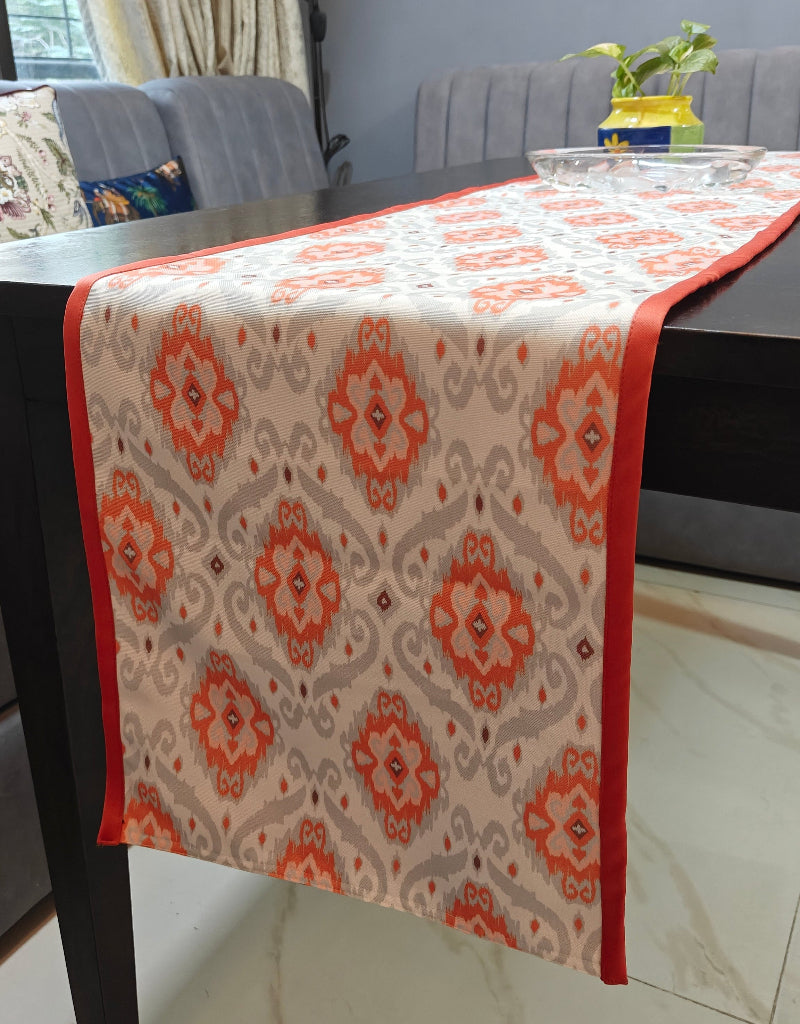 Heritage Ikat Design Printed Coral Polyester Canvas Table Runner Size 13"x72"