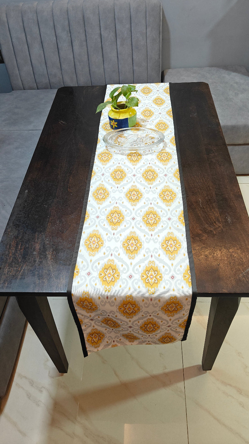 Heritage Ikat Design Printed Mustard Grey Polyester Canvas Table Runner Size 13"x72"