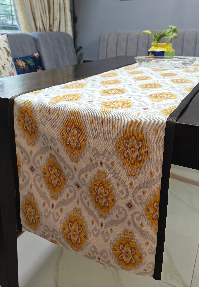 Heritage Ikat Design Printed Mustard Grey Polyester Canvas Table Runner Size 13"x72"