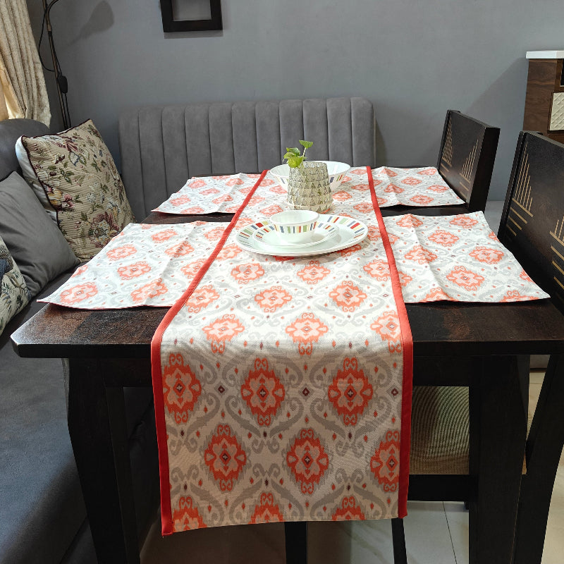 Heritage Ikat Design Printed Coral Polyester Canvas Table Runner Size 13"x72"