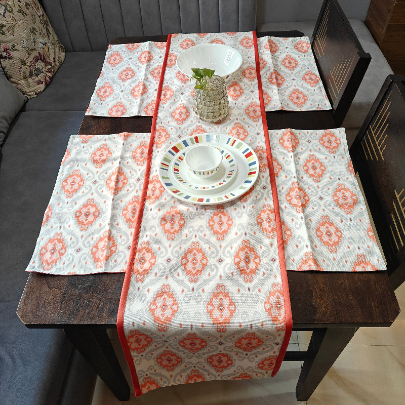 Heritage Ikat Design Printed Coral Polyester Canvas Table Runner Size 13"x72"