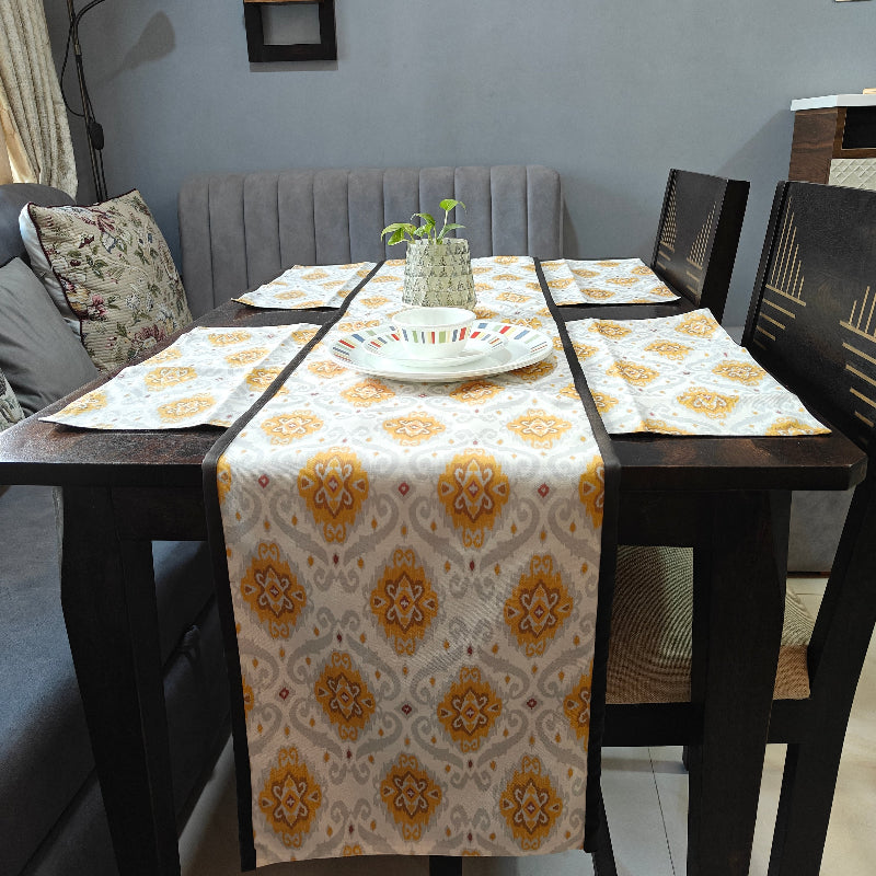 Heritage Ikat Design Printed Mustard Grey Polyester Canvas Table Runner Size 13"x72"