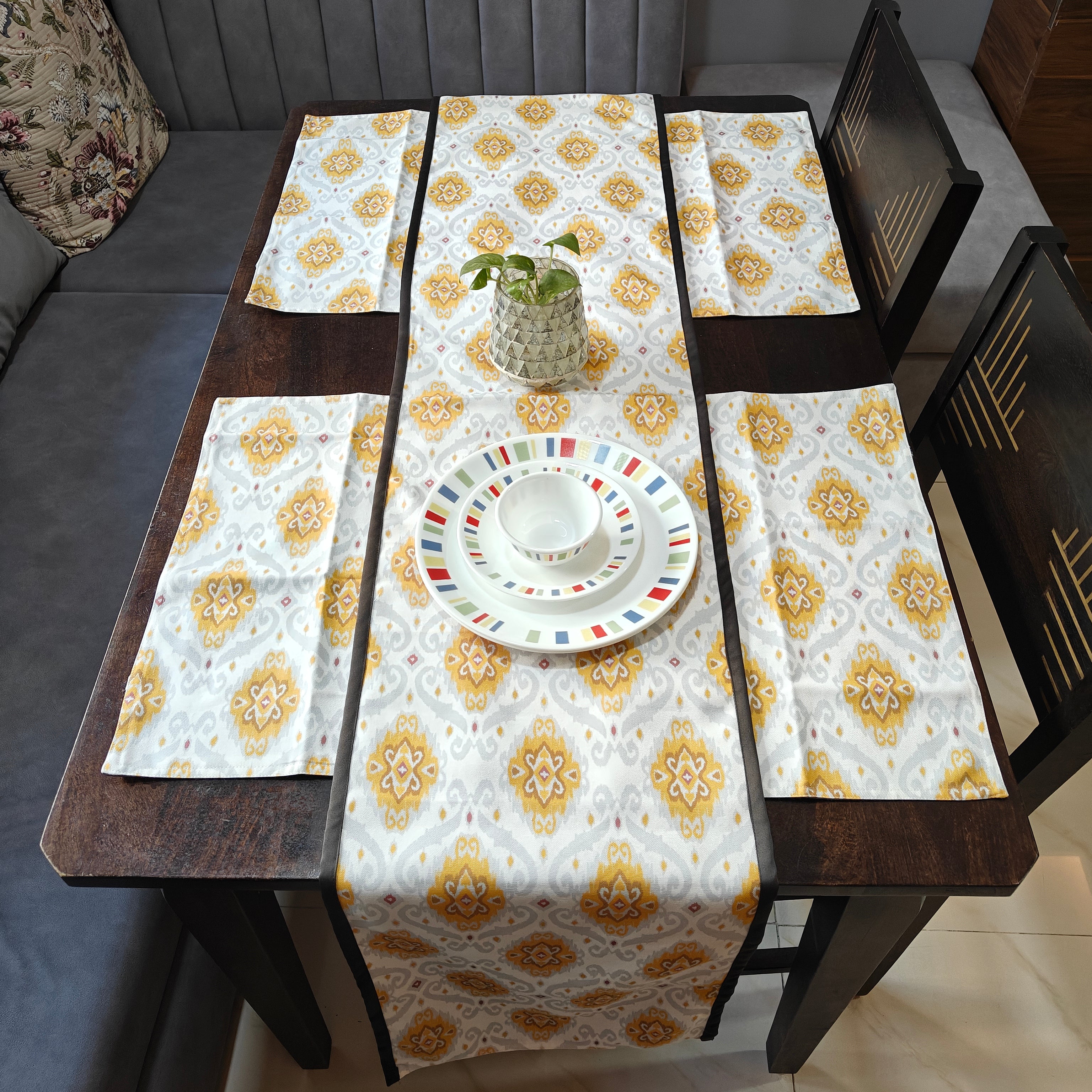 Heritage Ikat Design Printed Mustard Grey Polyester Canvas Table Runner Size 13"x72"