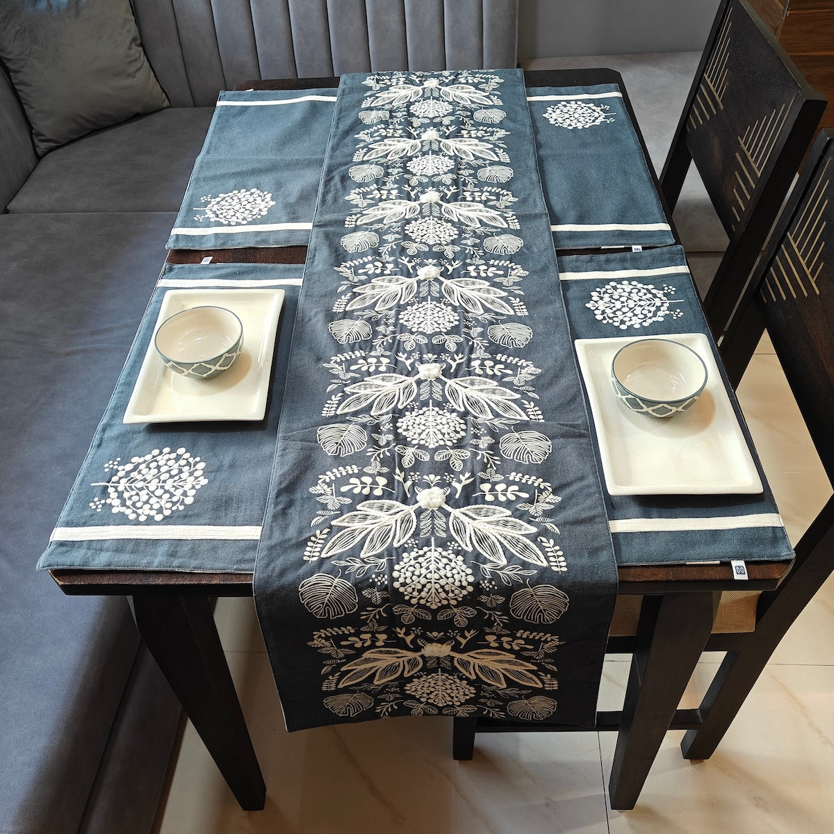 Moonlight Decorative Grey White Floral Embroidery Cotton Table Runner 6 Seater Size 14" x 72"