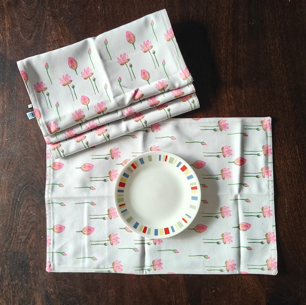 Pichwai Petal Bliss Printed White Pink Polyester Canvas Table Runner 4 Seater Size 13"x72"