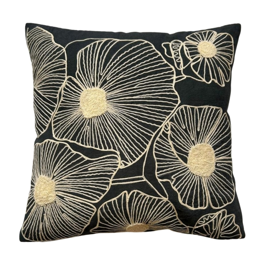 Hand Embroirdery Monochrome Floral Bloom Grey Cotton Cushion Cover Size 16"x16"
