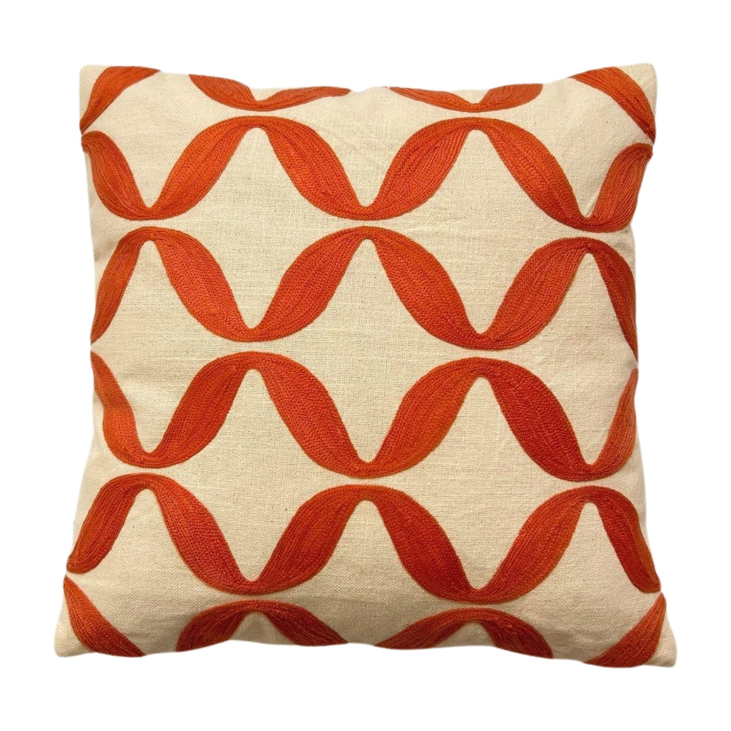 Hand Embroidery Petal Bright Orange Cream Cotton Slub Cushion Cover Size 16"x16"