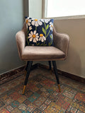 Hand Embroidery White Flower Glow Navy Blue Silk Velvet Cushion Cover Size 16"x16" Set of 2