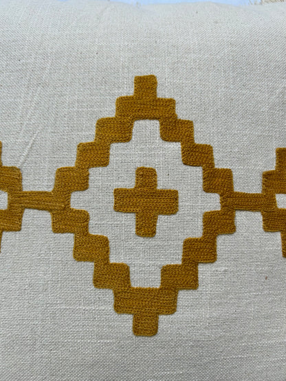 Hand Embroidery Aztec Boho Cream Cotton Slub Cushion Cover Size 16"x16"