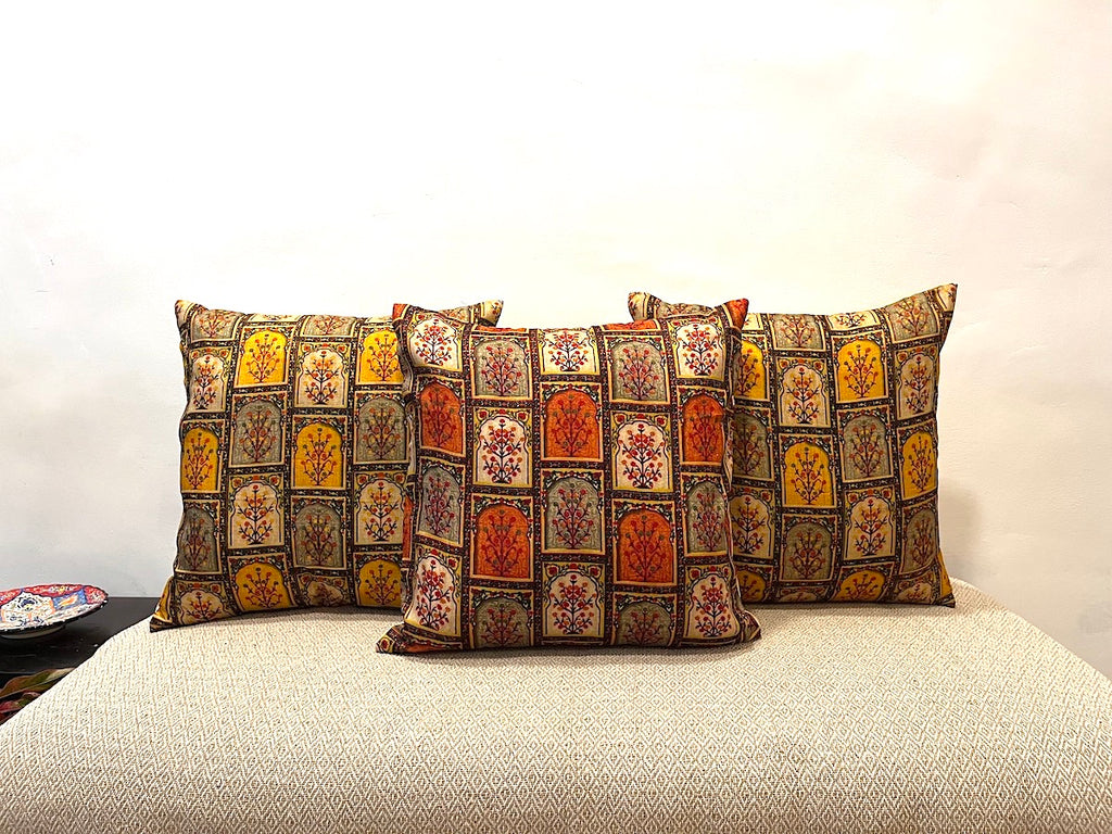 Classy Mughal Floral Design Printed Khadi Silk Cushion Cover - 16''x16" Size