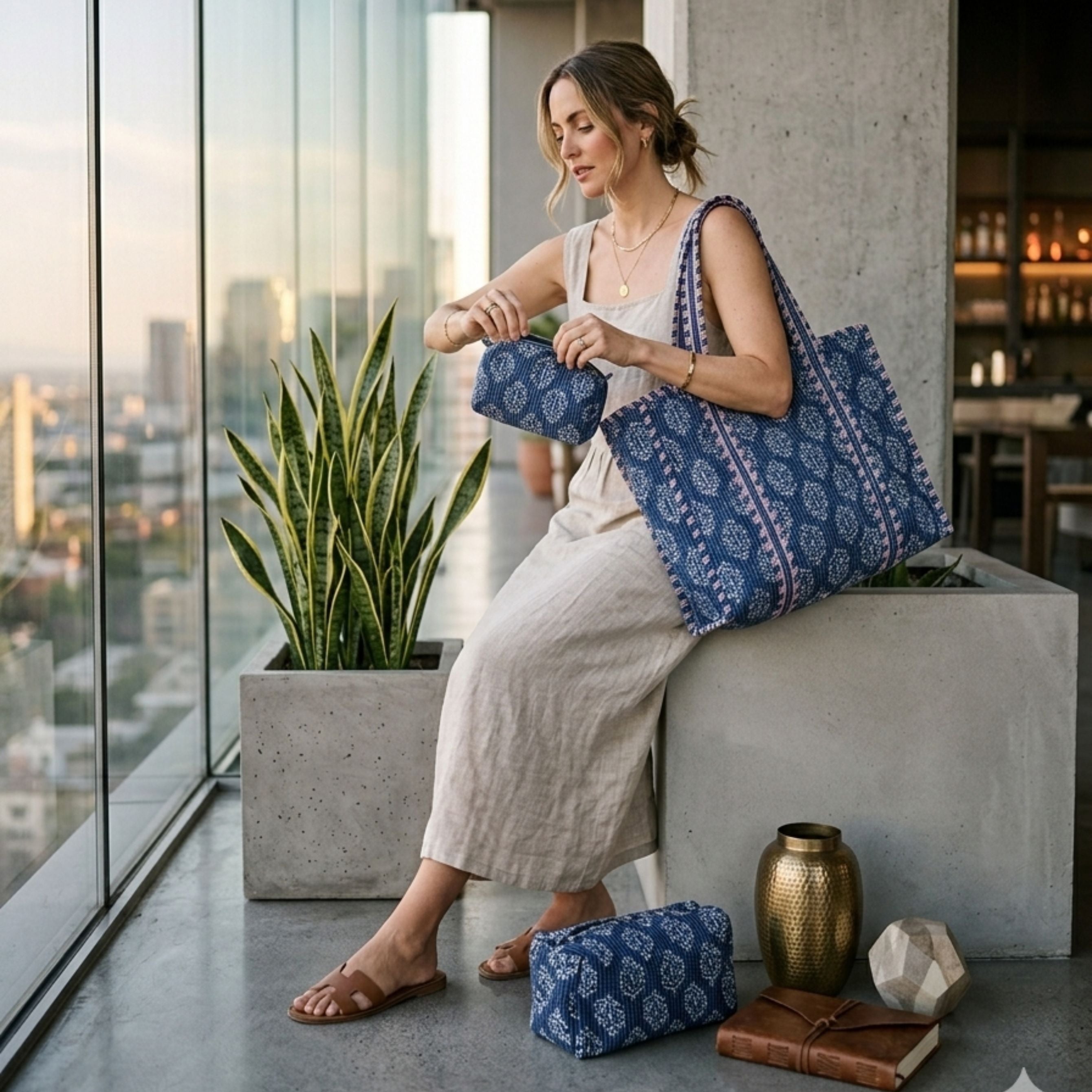 Woman sitting on a ledge with a blue patterned bag and pouches, overlooking a cityscape.
