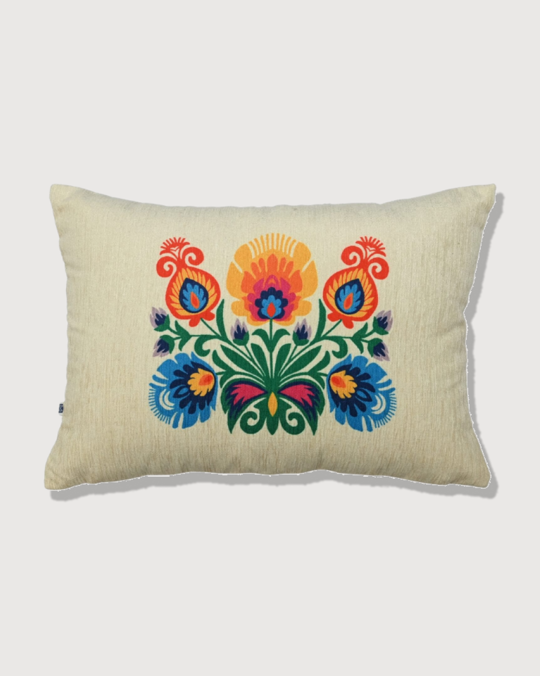 Classic Polaska Floral Printed Offwhite Polyester Lumbar Cushion Cover with filler 12 x 18 inch