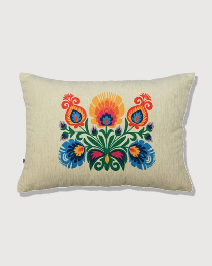Decorative Polska Floral Print Art Silk Chenille Weave Offwhite Lumbar Cushion Cover Size 12"x18"
