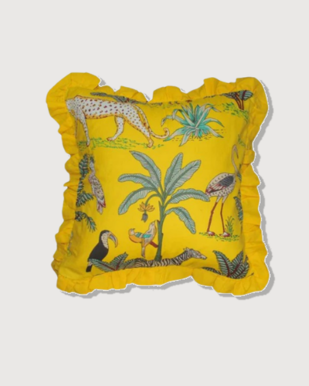 Wild Tropica Print Solid Yellow Frill Reversible Cotton Cushion Cover Size 16"x16" Set of 2