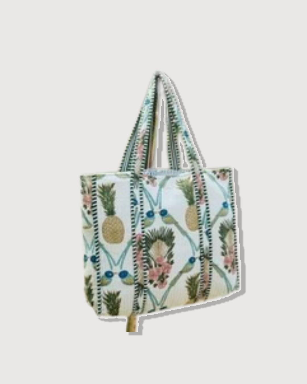 Hand Block Palm Pineapple Printed Quilted Tote Bag Offwhite Size 18"x18"
