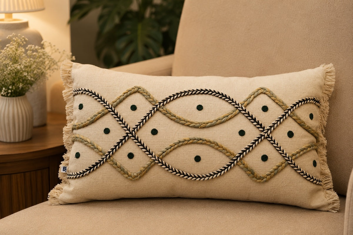 Handcrafted Decorative Embroidered Cream Cotton Lumbar Cushion Cover with filler 12 x 20