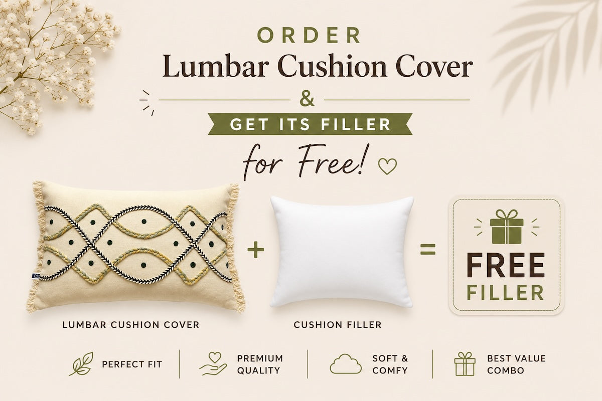Handcrafted Decorative Embroidered Cream Cotton Lumbar Cushion Cover with filler 12 x 20