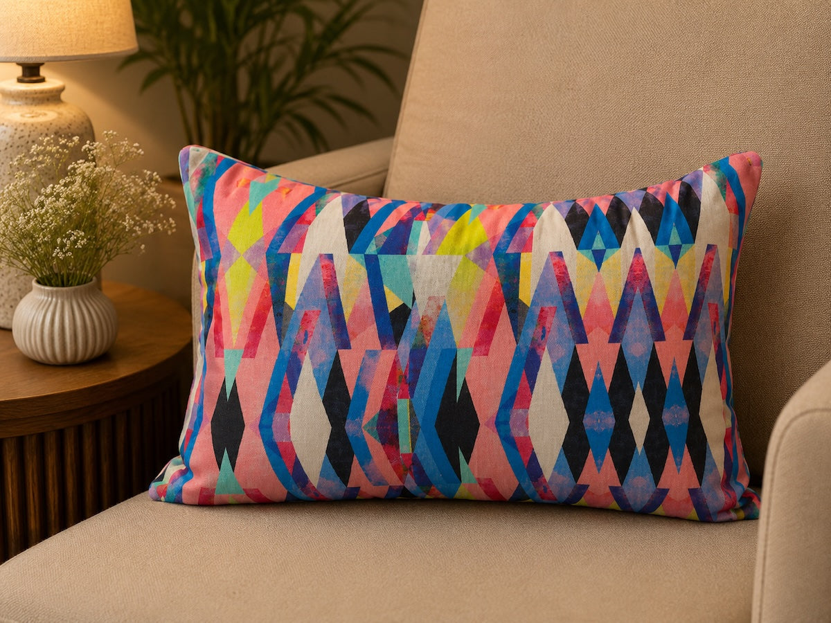 Abstract Printed Multicolour Polycanvas Lumbar Cushion Cover with filler 12 x 18 inch