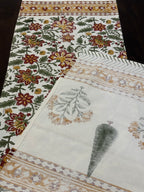 Kesari Phool Buti Jaipur - Hand Block - Printed - 100% Cotton -  Table Runner White-Musturd 13" x 72"