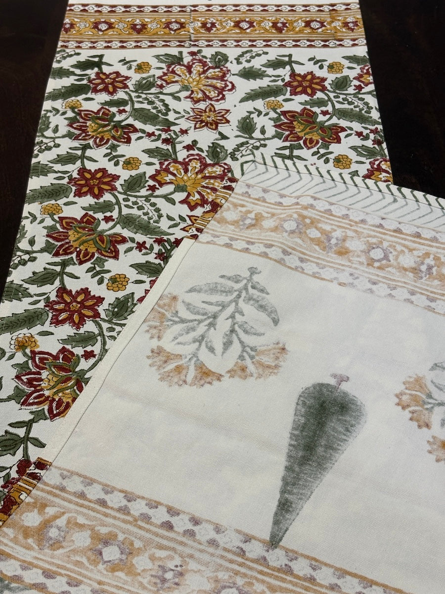Kesari Phool Buti Jaipur - Hand Block - Printed - 100% Cotton -  Table Runner White-Musturd 13" x 72"