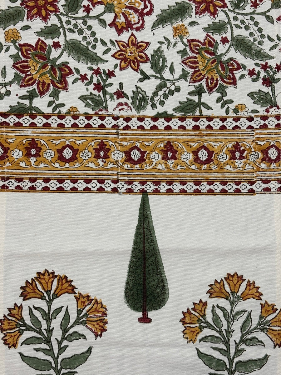 Kesari Phool Buti Jaipur - Hand Block - Printed - 100% Cotton -  Table Runner White-Musturd 13" x 72"