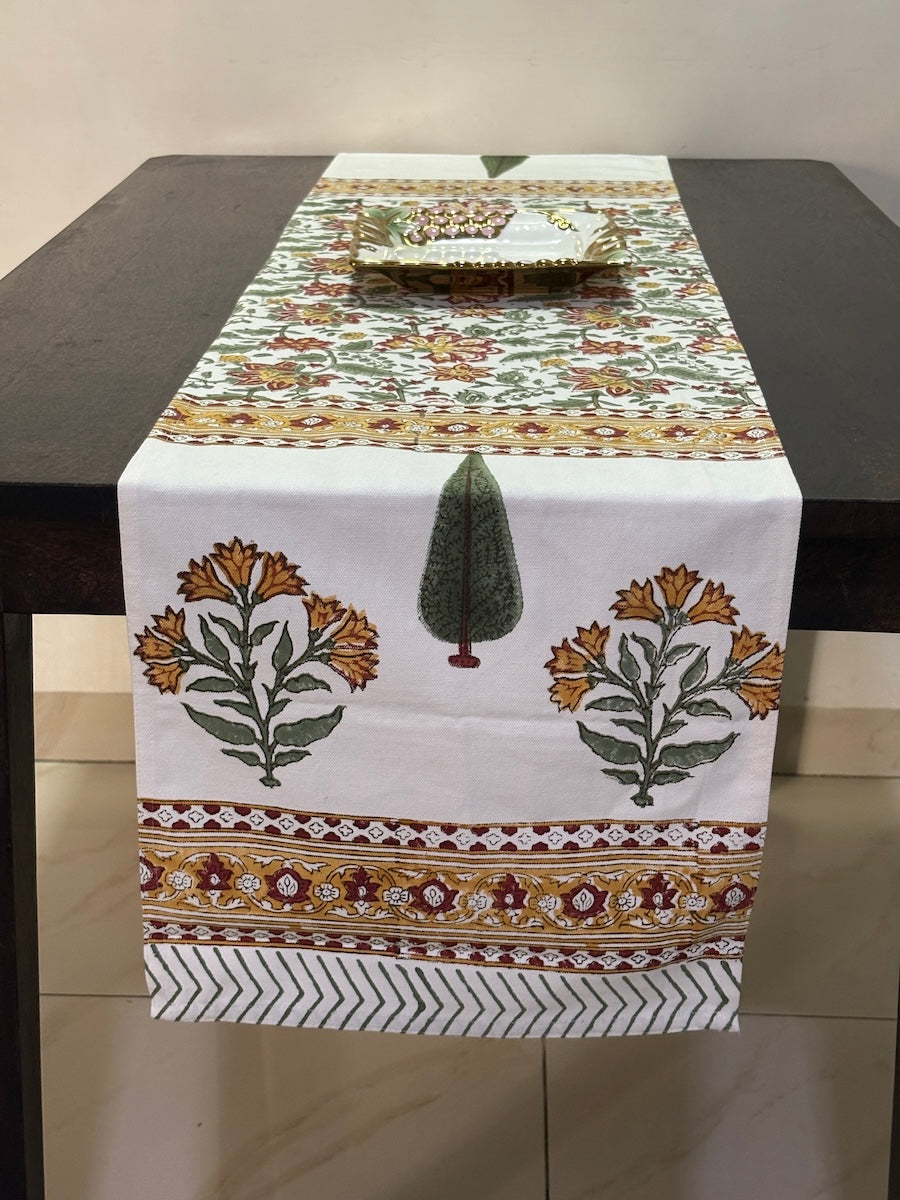 Kesari Phool Buti Jaipur - Hand Block - Printed - 100% Cotton -  Table Runner White-Musturd 13" x 72"