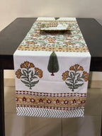 Kesari Phool Buti Jaipur - Hand Block - Printed - 100% Cotton -  Table Runner White-Musturd 13" x 72"