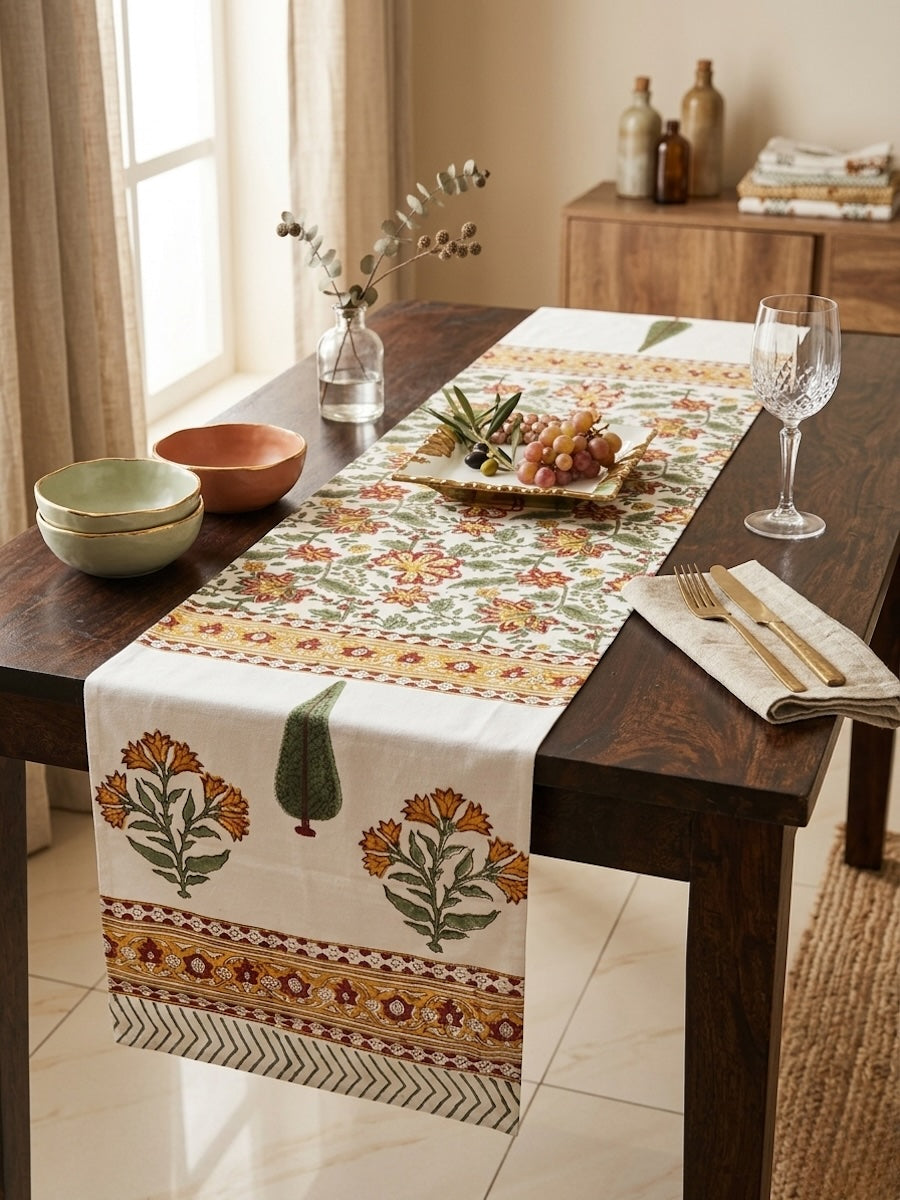 Kesari Phool Buti Jaipur - Hand Block - Printed - 100% Cotton -  Table Runner White-Musturd 13" x 72"
