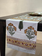 Kesari Phool Buti Jaipur - Hand Block - Printed - 100% Cotton -  Table Runner White-Musturd 13" x 72"