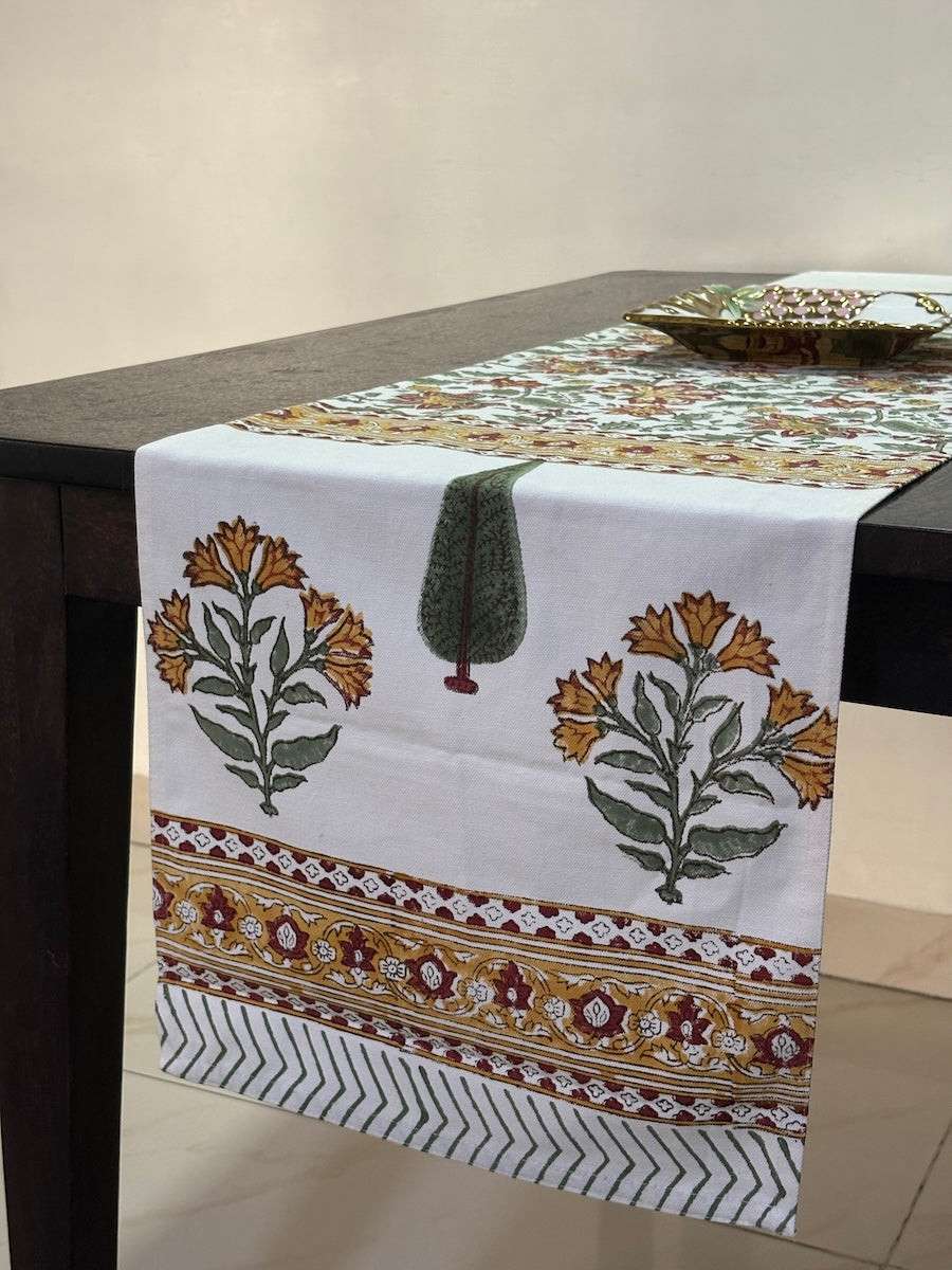 Kesari Phool Buti Jaipur - Hand Block - Printed - 100% Cotton -  Table Runner White-Musturd 13" x 72"