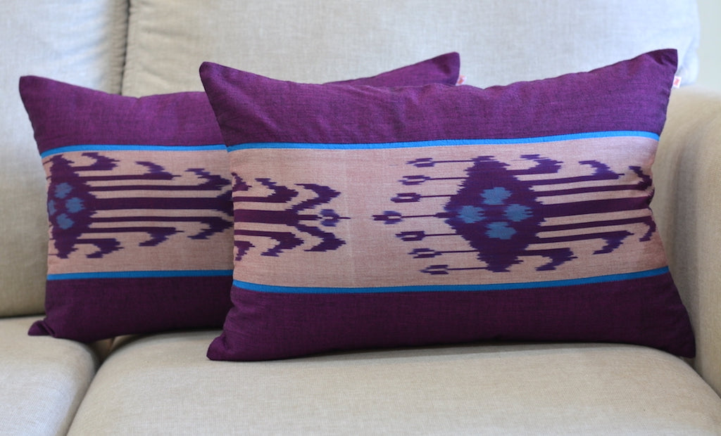 Heritage Ikat Blue Cotton Lumbar Cushion Cover with filler 12 x 18 inch