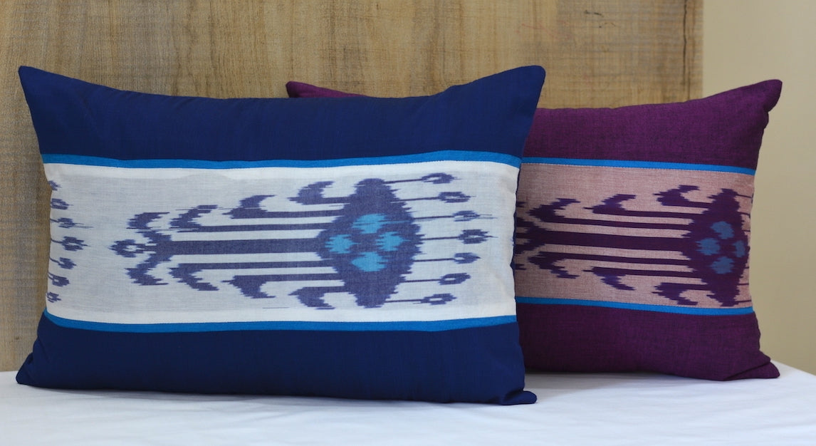 Heritage Ikat Blue Cotton Lumbar Cushion Cover with filler 12 x 18 inch