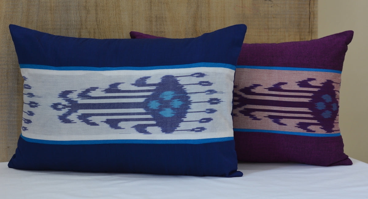 Heritage Ikat Blue Cotton Lumbar Cushion Cover with filler 12 x 18 inch