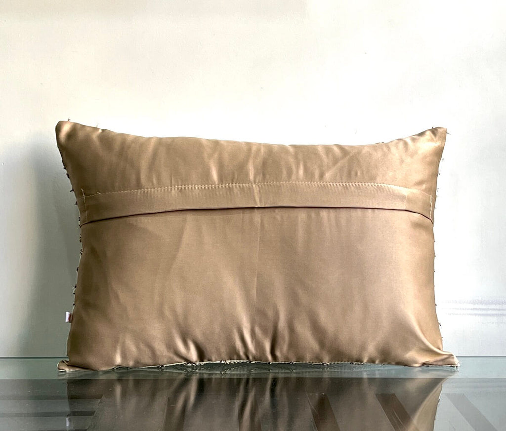 Handcrafted Decorative Cord Embroidered Cream Art Silk Lumbar Cushion Cover with filler 12 x 18 inch
