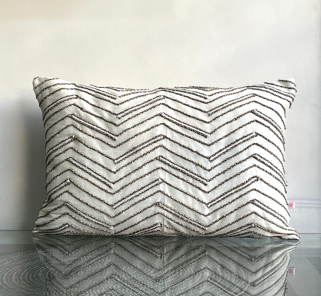 Handcrafted Decorative Cord Embroidered Cream Art Silk Lumbar Cushion Cover with filler 12 x 18 inch