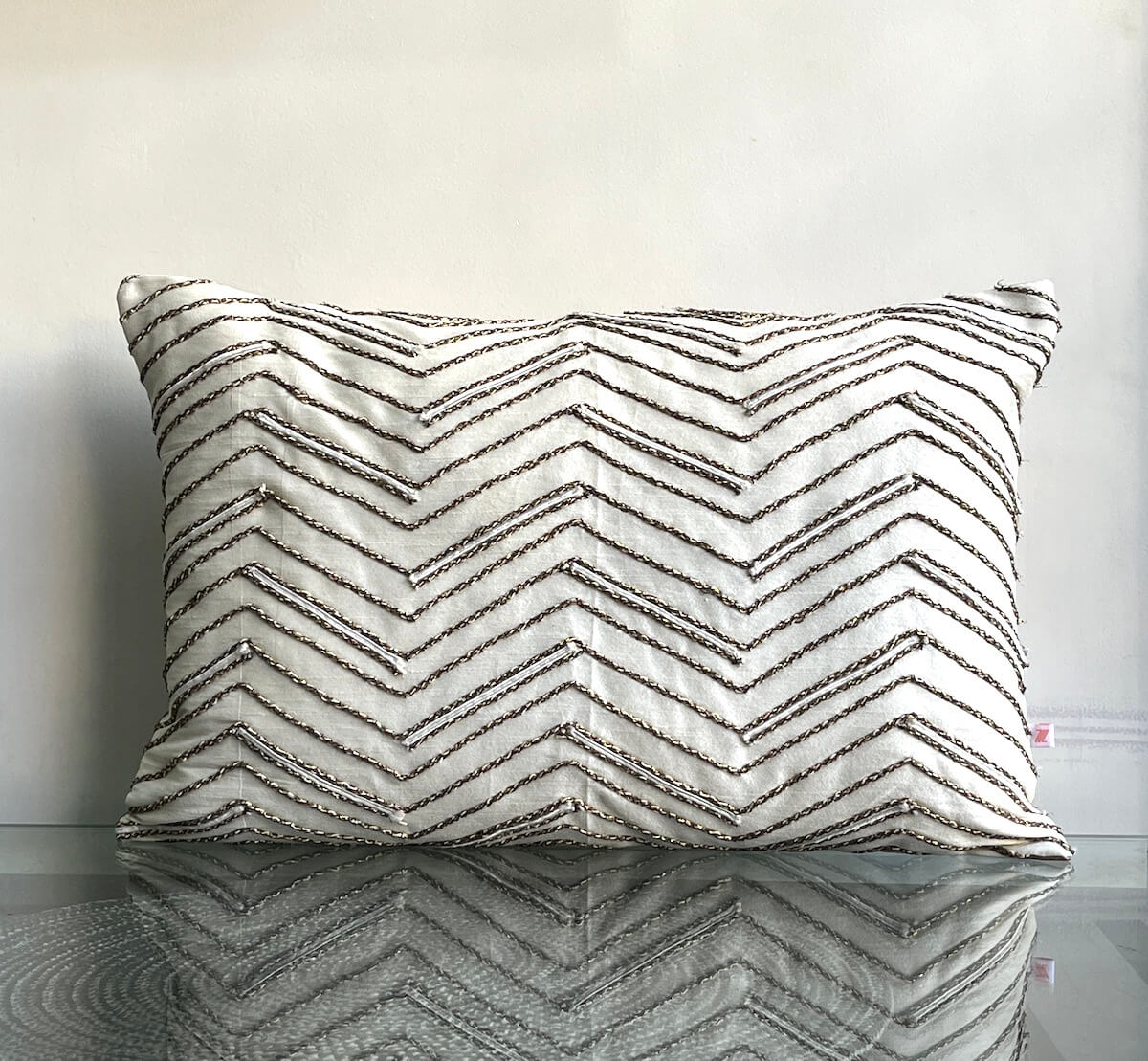 Handcrafted Decorative Cord Embroidered Cream Art Silk Lumbar Cushion Cover with filler 12 x 18 inch
