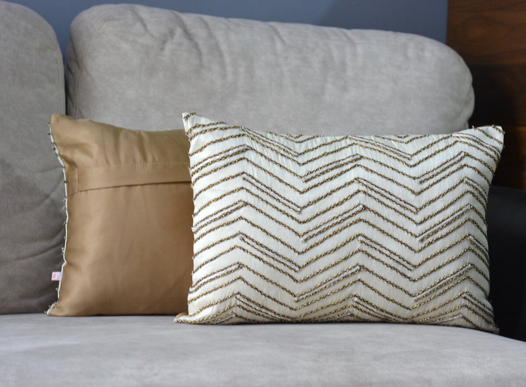 Handcrafted Decorative Cord Embroidered Cream Art Silk Lumbar Cushion Cover with filler 12 x 18 inch