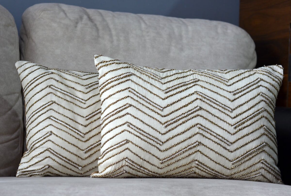 Handcrafted Decorative Cord Embroidered Cream Art Silk Lumbar Cushion Cover with filler 12 x 18 inch