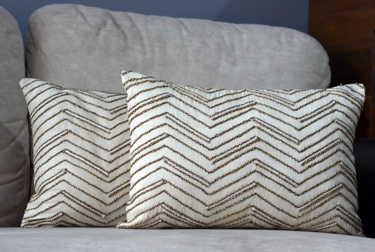 Handcrafted Decorative Cord Embroidered Cream Art Silk Lumbar Cushion Cover with filler 12 x 18 inch