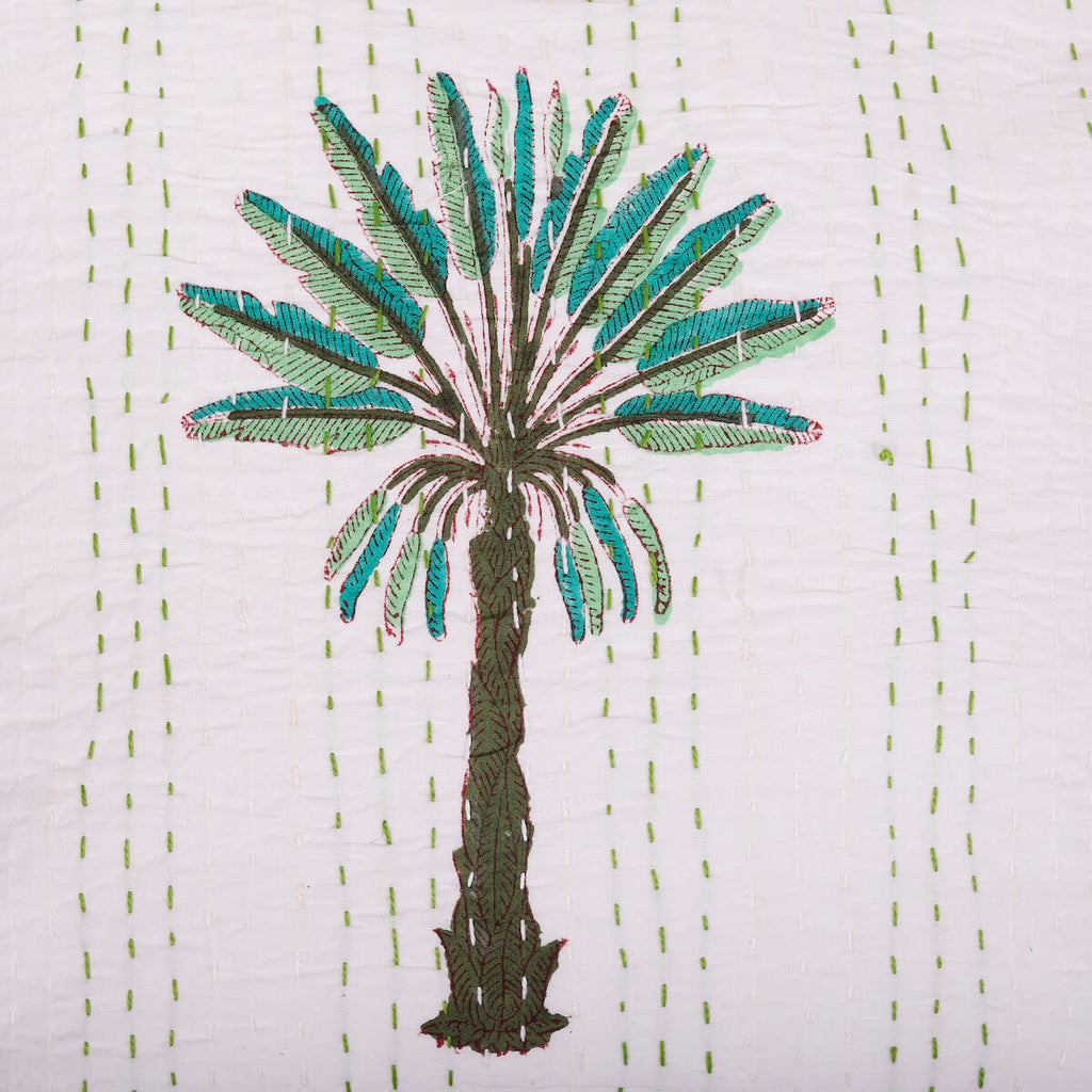 Hand Block Print Palm Tree Decorative Stitch Cotton Cushion Cover Size 16"x16"