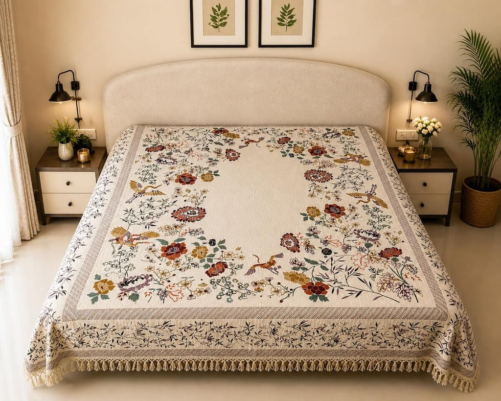 Madhuban Jaal Jaipur - Hand Block - Printed - 100% Cotton -  Bed Cover- King Size  Offwhite-Multicolour 90"x108"