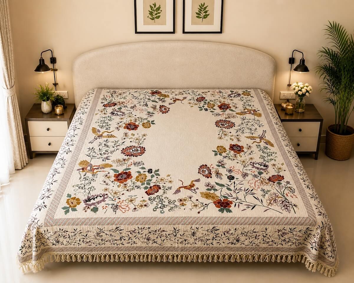 Madhuban Jaal Jaipur - Hand Block - Printed - 100% Cotton -  Bed Cover- King Size  Offwhite-Multicolour 90"x108"